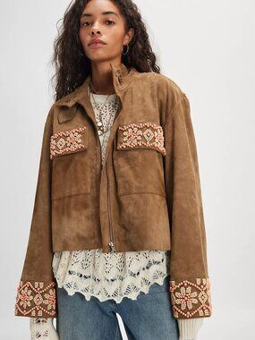 Free People Bali Fading Moon Cropped Suede Leather Jacket Beaded NWT Size XS